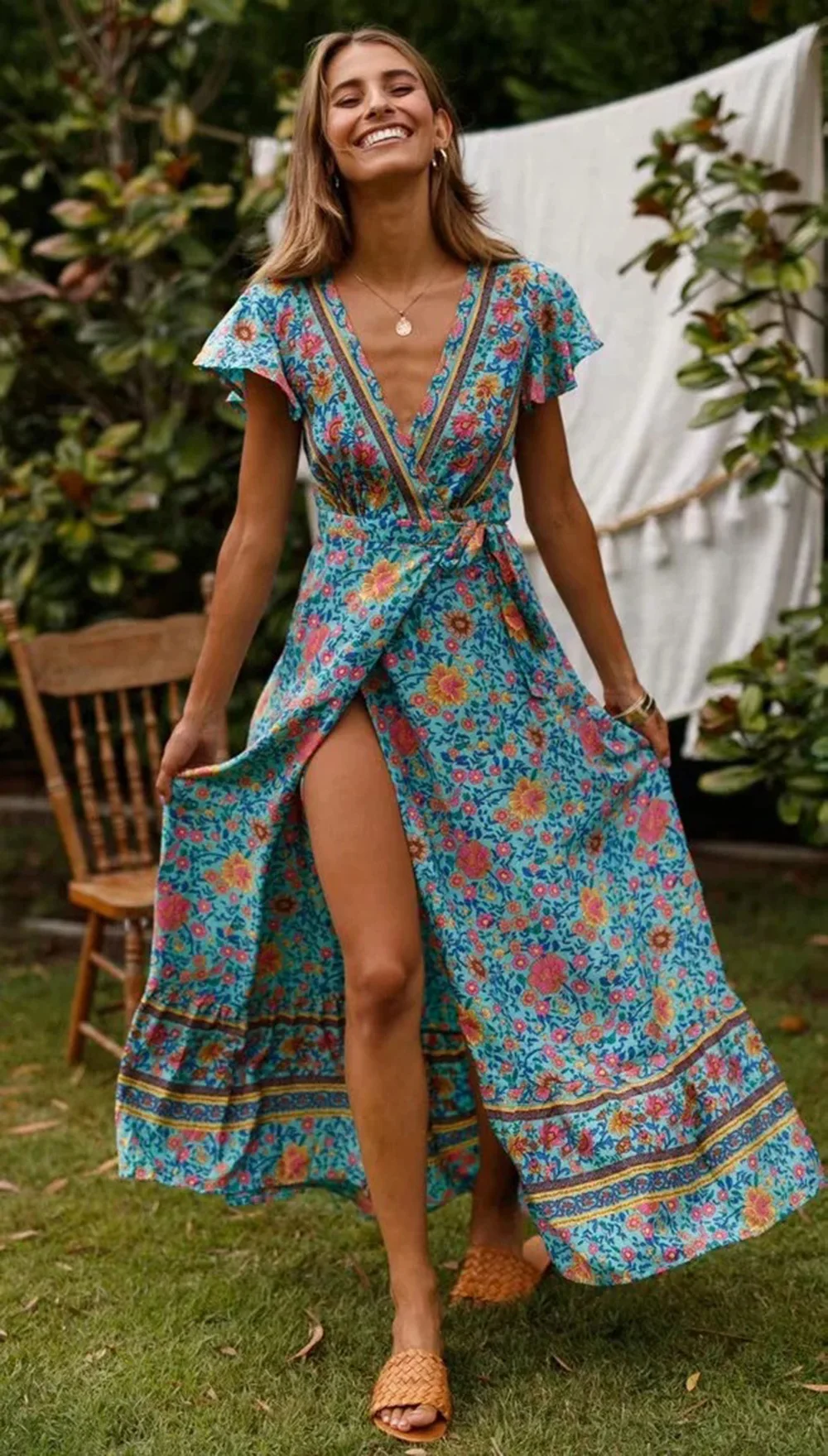 SteagonerWomens Bohemian Floral Printed Wrap V Neck Half Sleeve Button Up Split Summer Beach Party Maxi Long Dress 