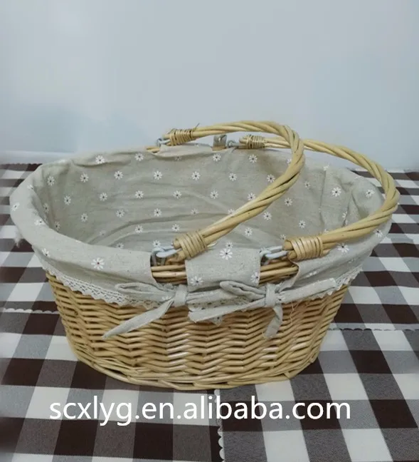 Natural Handmade Wicker Basket With Double Handle,Oval Gift Basket With Fabric Liner Basket