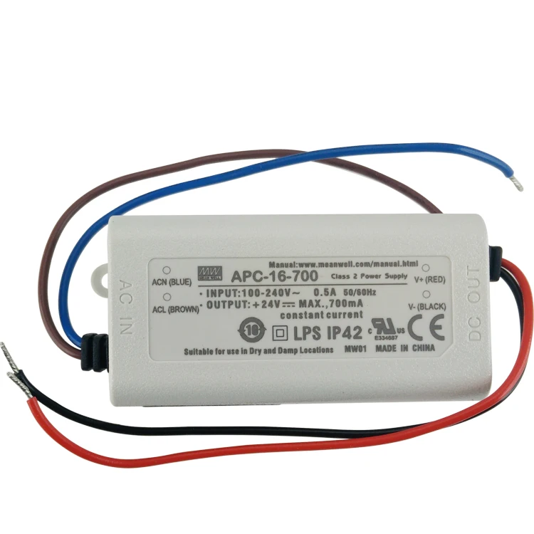 16.8W 9-24V 700mA Constant Current Mean Well APC-16-700 LED Power Supplies Input Output 90~264VAC; 127~370VDC.