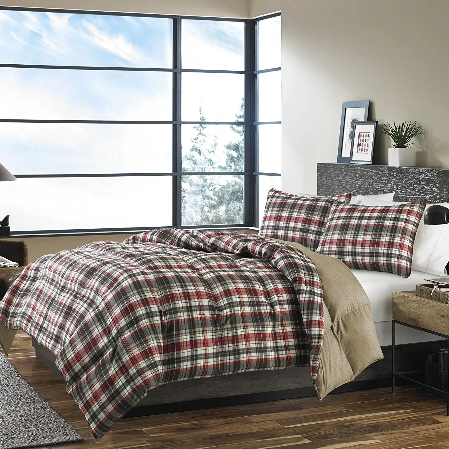 OSD 3pc Red Dark Grey White Tartan Plaid Comforter Full Queen Set, Stylish Madras Checkered Bedding, Burgundy Gray Taupe Tan Brown, Lodge Cabin Lumber Jack Glen Check Themed Pattern