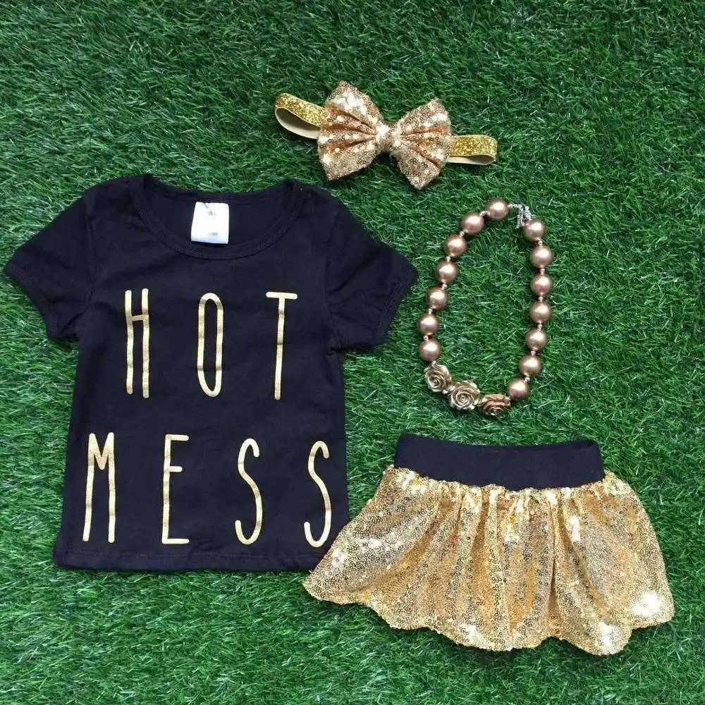 Gold Sequins Skirt Hot Mess Shirt Skirt Set Girls Clothes Girls