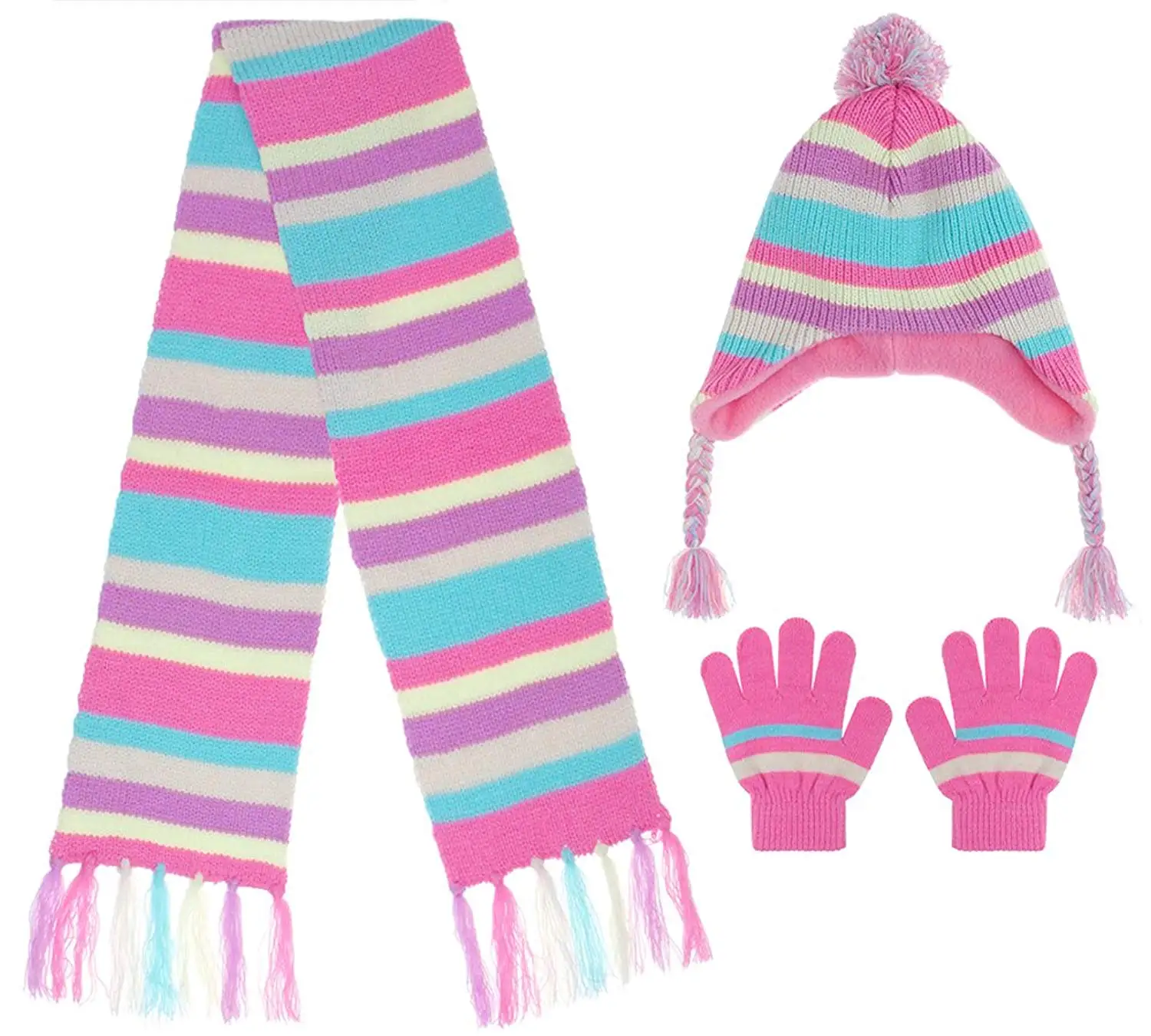 Capelli New York Girls Chunky Stripe Knit Earflap Hat Muffler and Mittens Set