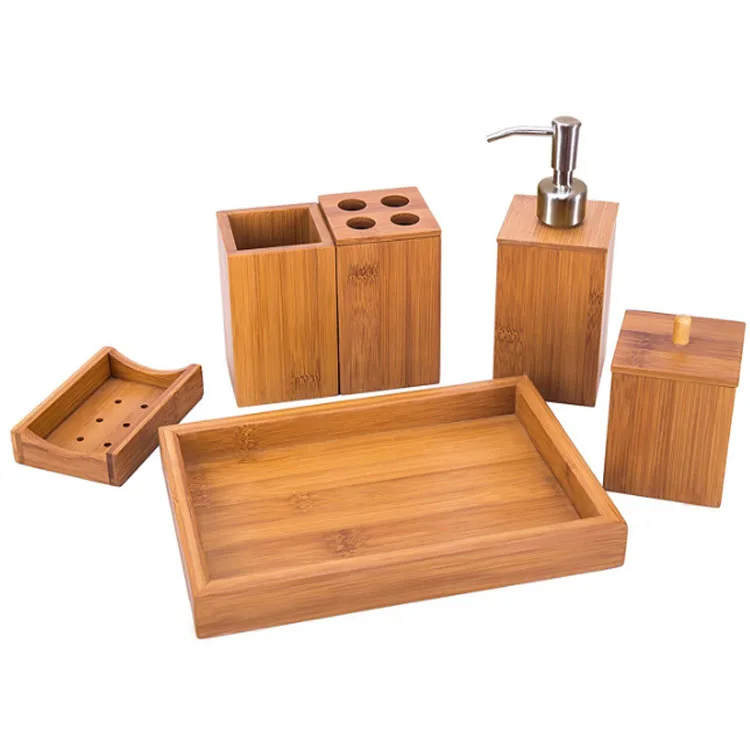 Soap Dispenser Toothbrush Holder Bamboo Accessory Set For Bathroom ...