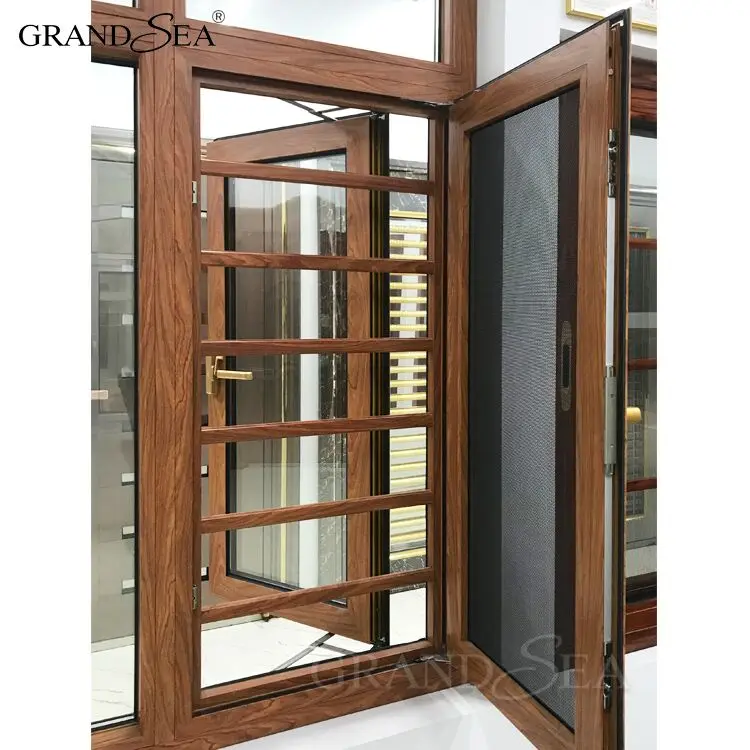 Top Quality Double Tempered Glass Aluminum Casement Window with Grill Design and Mosquito Net
