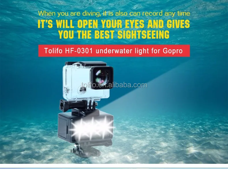 Tolifo 40m waterproof LED underwater light with built in lithium ion battery for Gopro Hero and Xiaomi