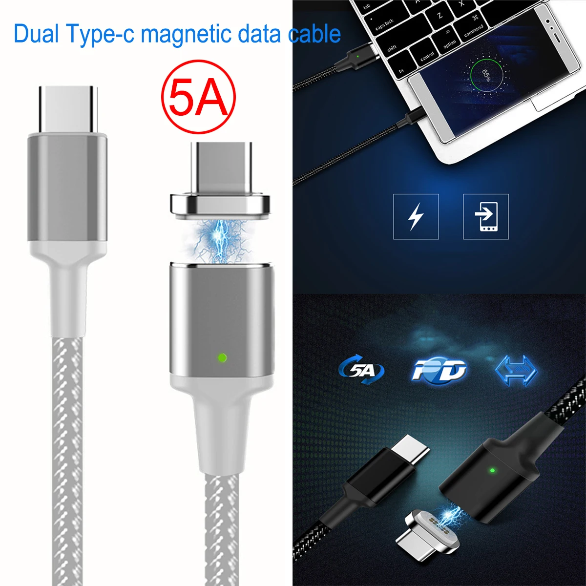Max 5A 100W 6ft Type C Charger Data Cable PD QC 3.0 USB-C to USB-C Magnetic Charging Cable for MacBook - ANKUX.COM