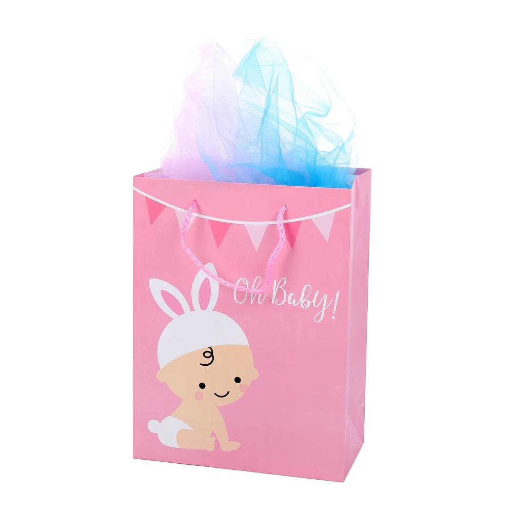 High Quality Pink Simple Practical Cartoon Baby Shower Shopping Paper Gift Bags
