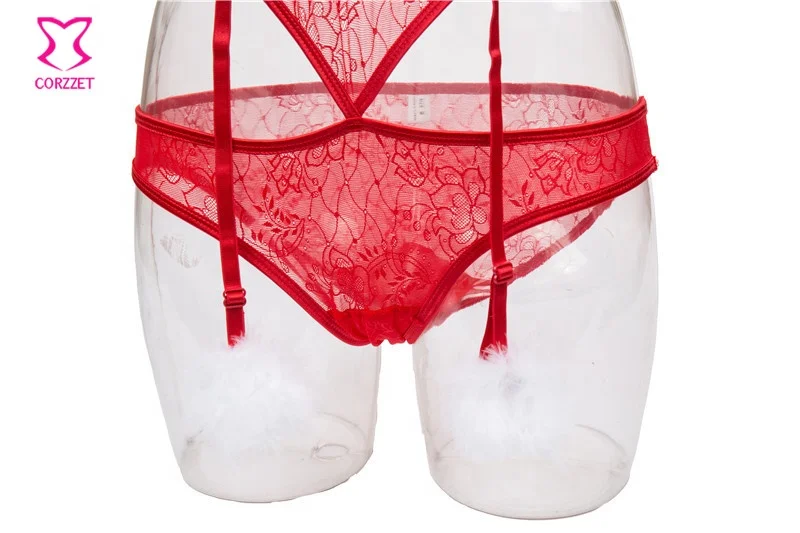 Corzzet Christmas Red Plus Size Lingerie Set With White Feather Cups And Garters Women All In One