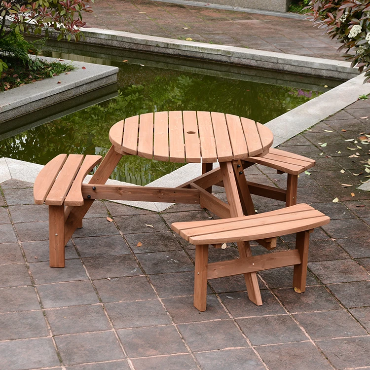 6 Seater Round Outdoor Garden Wooden Picnic Table View Picnic