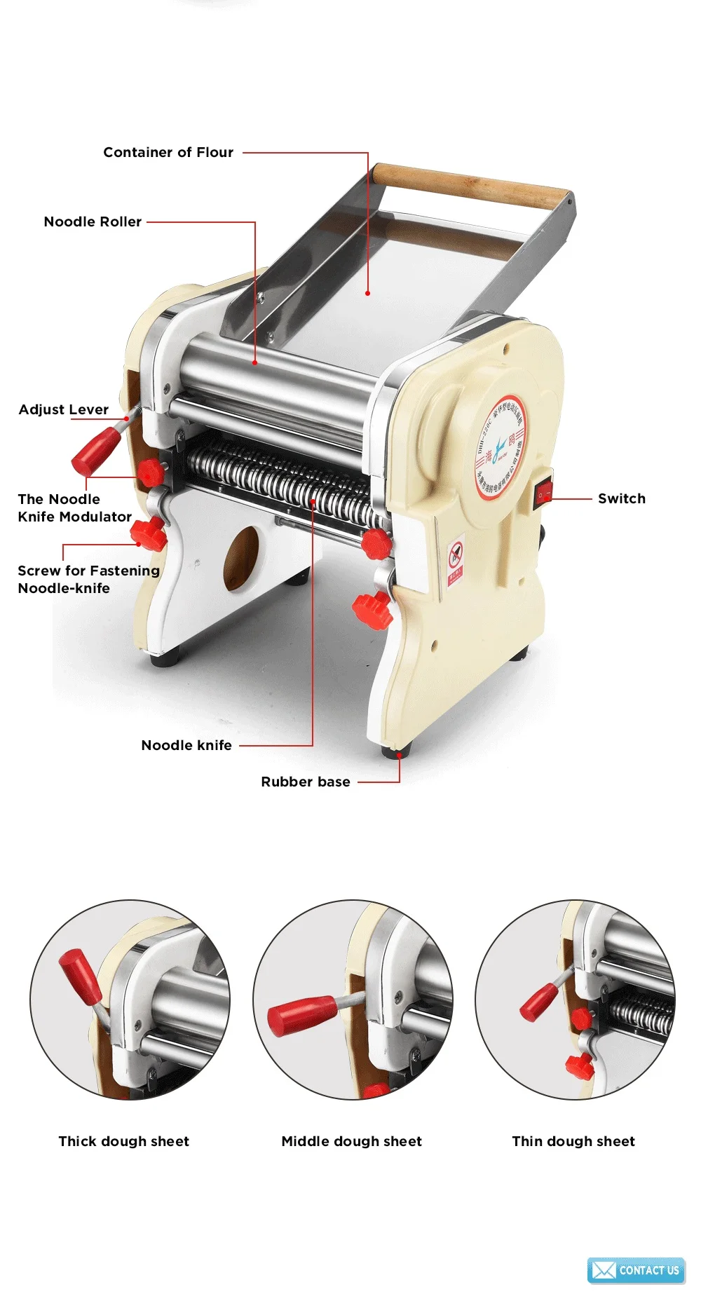 750W 110V Electric Pasta Maker Stainless Steel Noodles Roller Machine for  Home Restaurant Commercial - Knife Width 180mm, Noodle Width 3mm/9mm