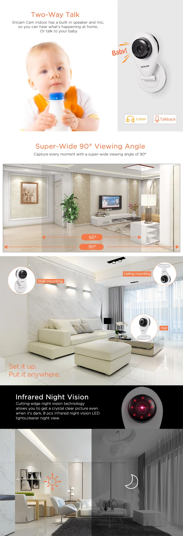 Sricam Smart Wifi/wireless Infrared Mini Night Vision IP Camera With Speaker for smart home CCTV Camera