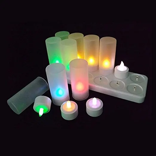 Rechargeable Multi 7 Color Changing LED Tea Light Candle with Frosted Holder and Remote Control (Set of 12, With Remote Control)