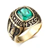 Stainless Steel Gold Casting High School Graduated Ring with Green Stone