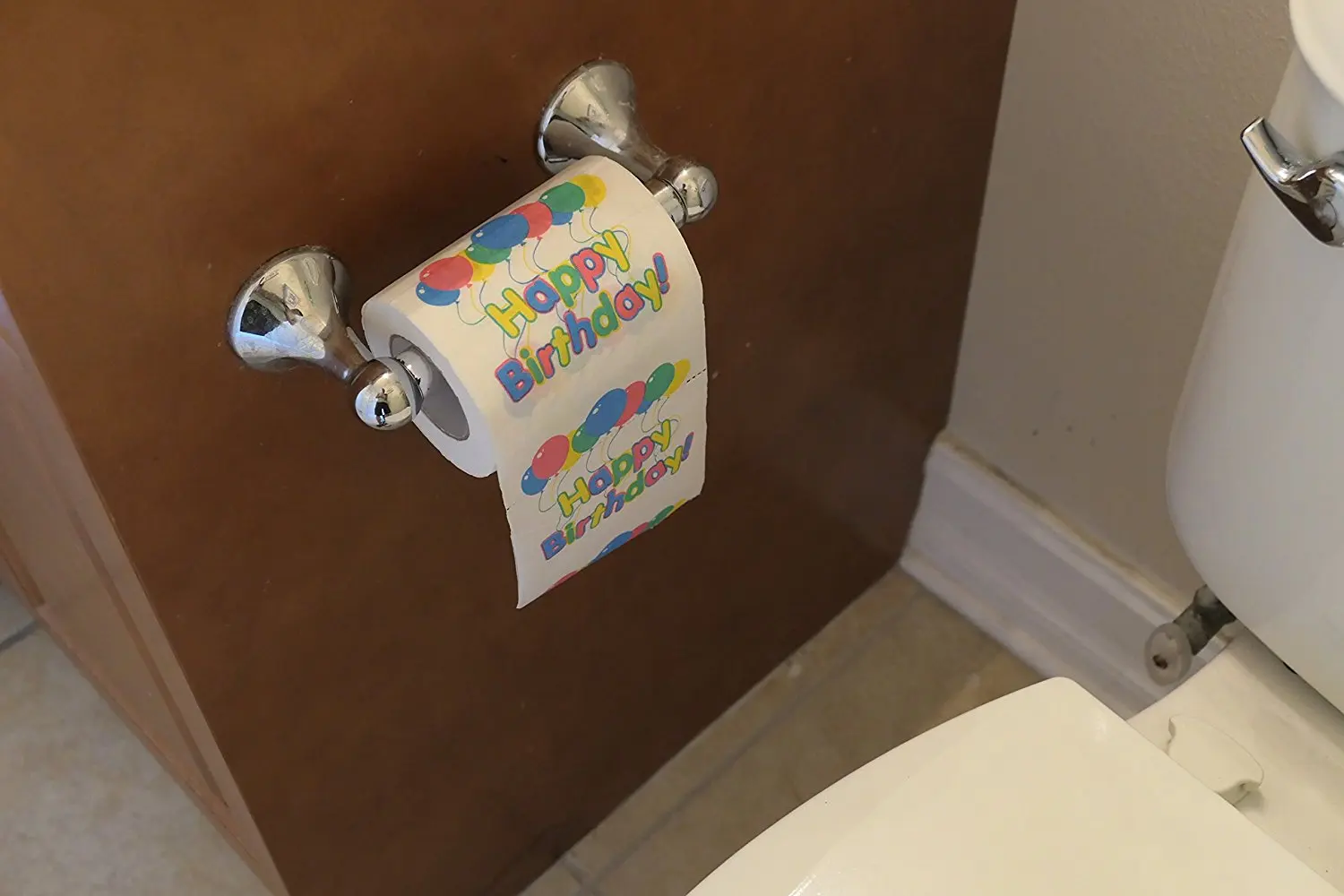 The Gags Happy Birthday Toilet Paper roll is real toilet paper. 