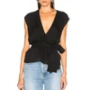 wrap front with snap button closure pure black shirred tie sleeveless blouse women