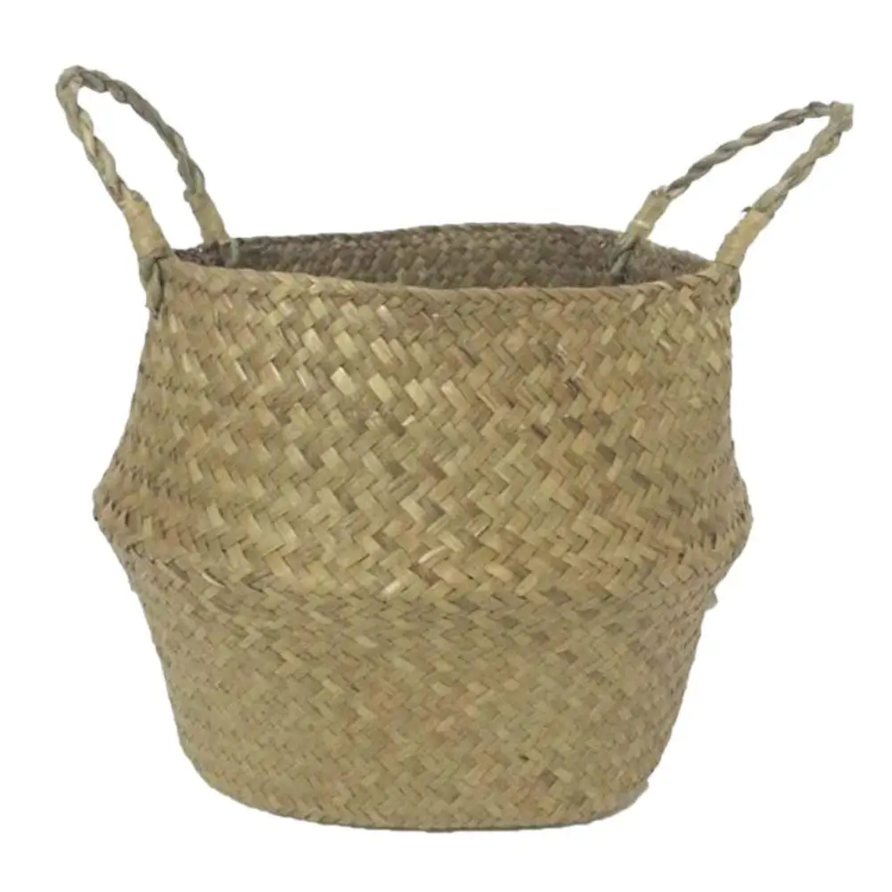 Tracfy Natural Seagrass Belly Basket with Handles, Woven Dirty Laundry Basket Storage Basket Rattan Foldable Hanging Flower Pot Planter Home Decor Basket(10.62" Diameter x 9.44" Height, Natural)