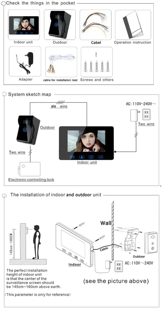 Luxury 7"colour touch key wired video door phone doorbell intercom system with rainproof door camera