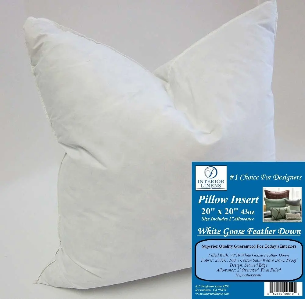 20" x 20" 43oz. Pillow Insert: 90/10 White Goose Feather Down - 2" Oversized & Firm Filled (Actual Size: 22"x22")