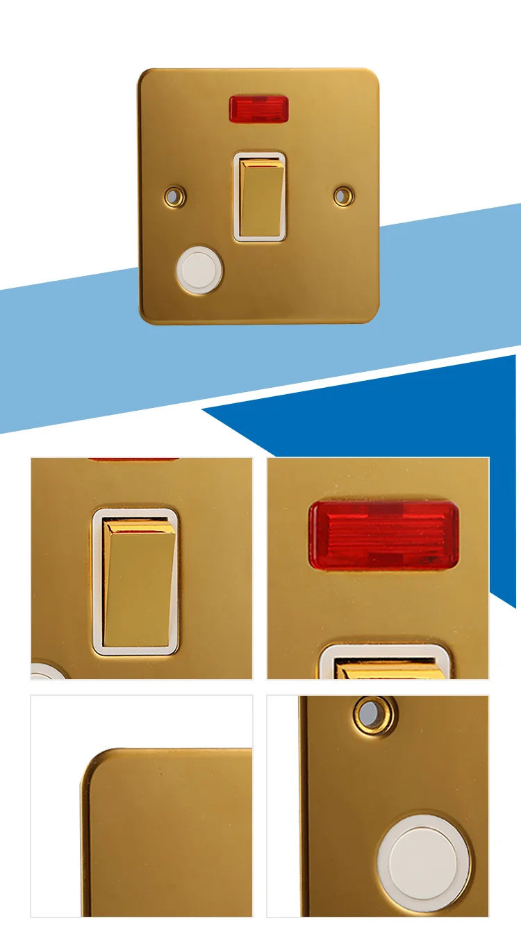 Hailar wall switch polished brass 20A 1 gang double pole golden switch with neon