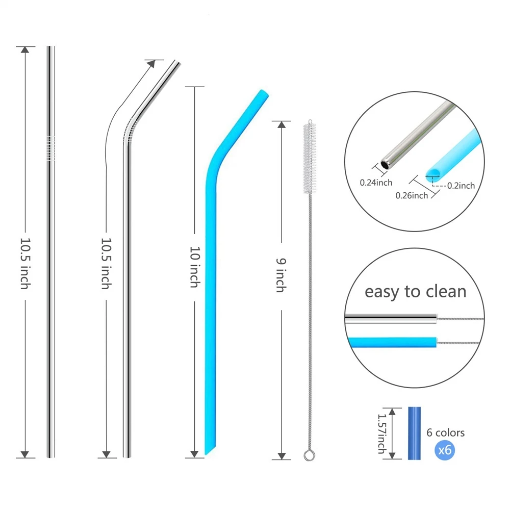 12 Pack Regular Size Silicone Straws And Stainless Steel Straws Set