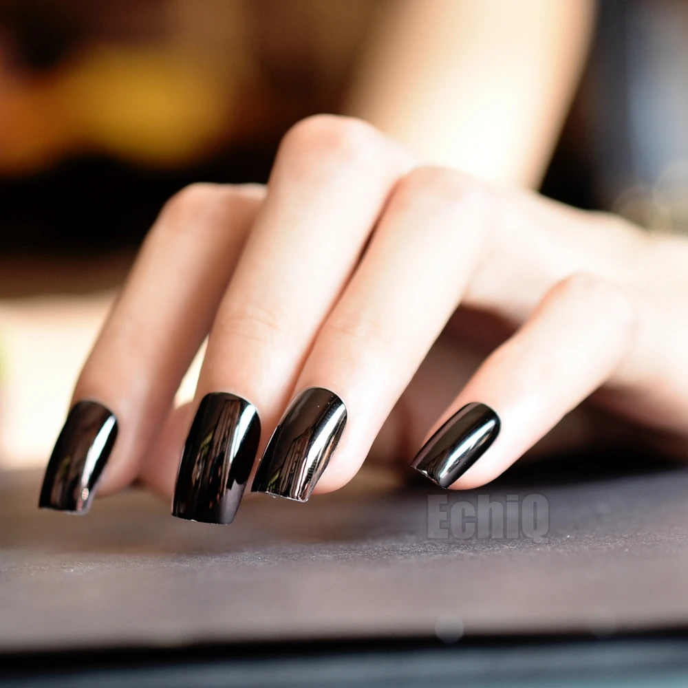 Cool Black Metallic Nail Art Tips Squoval Shape Long