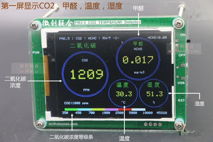 M5S PM1.0 PM2.5 PM10 Particle AQI Temp Humi TVOC HCHO CO2 Detector Air monitor