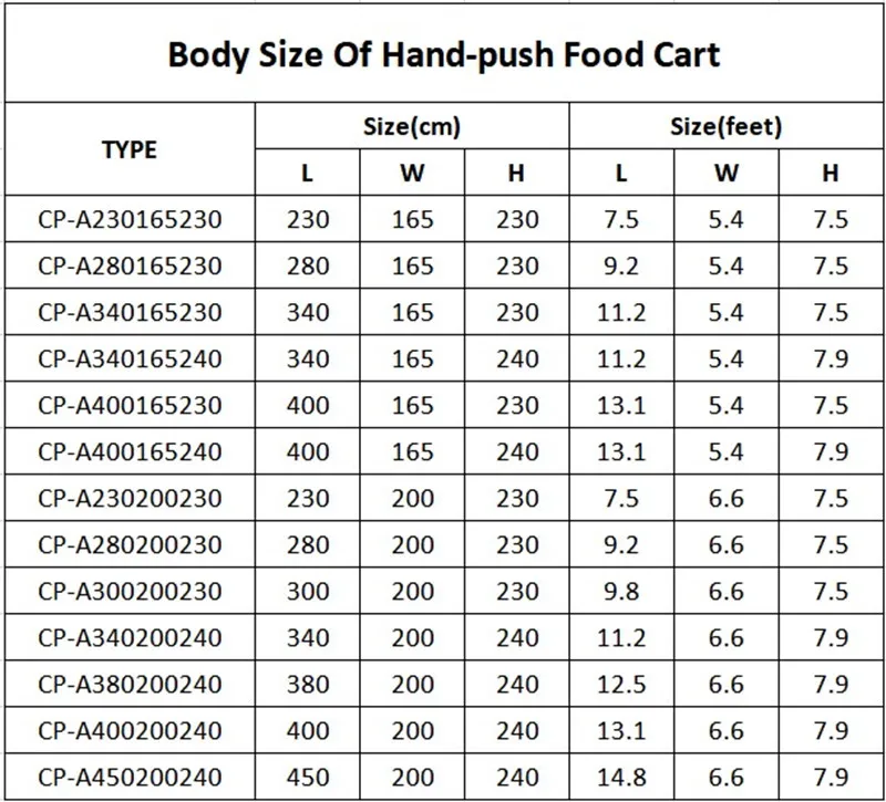 hand-push food cart size