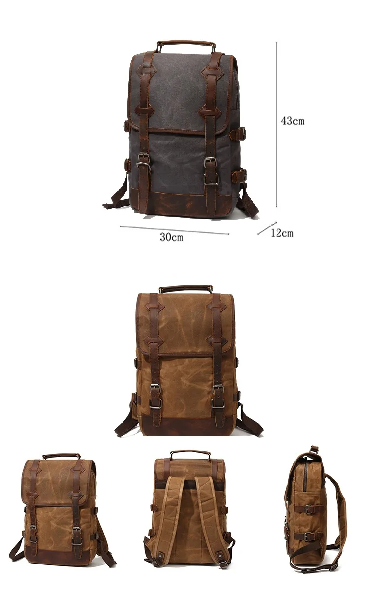 Elegant design waterproof outdoor waxed canvas leather trim unisex rucksack knapsack bagpack satchel back pack backpack bag