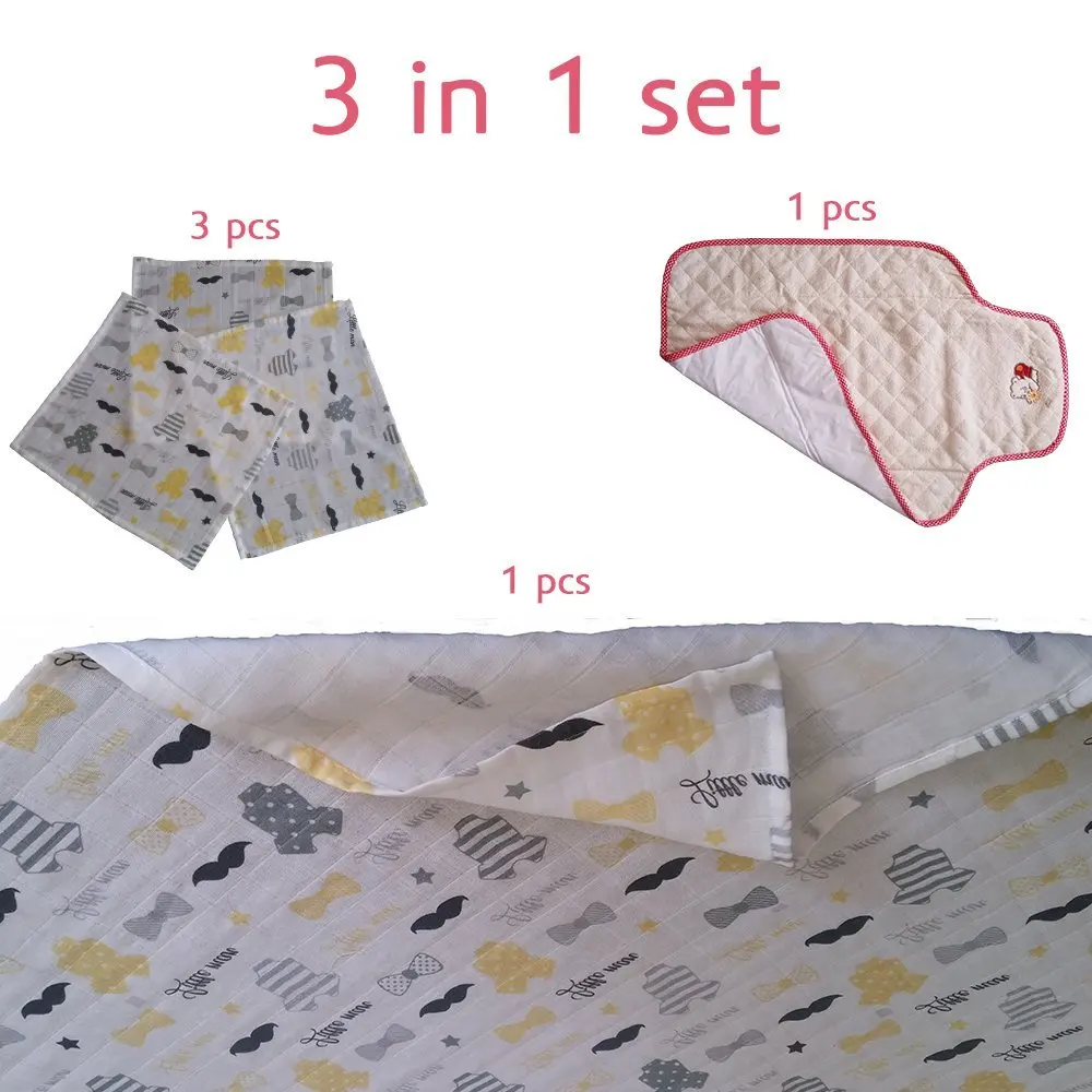 3 In 1 Set, Newborn baby set, Cotton Muslin Swaddle Blankets, Receiving Blankets, 39 x 39 inch Large Muslin Swaddles with green sprouts Muslin Burp Cloths and baby change diaper cloth (BOY)