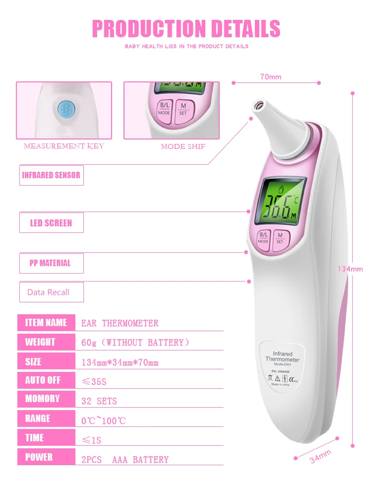 SZKIA 2 function in 1 electronic digital ear infrared thermometer / dual ear forehead thermometerlcd digital thermometer