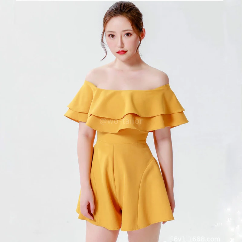 Low moq designer clothing ladies womens casual double ruffled off shoulder collar one piece jumpsuit