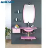 Popular Sanitary ware Make-up design Pink bathroom glass wash basin with shelf next to mirrorYQ-7106