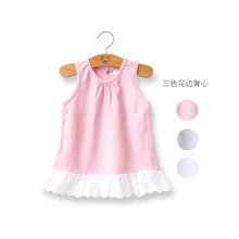 2015 summer girl s sleeveless ruched long shirt o neck lolita style solid sweety pink lace
