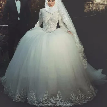 Muslim Hijab Long Sleeves Ball Gown Wedding Dresses 2016 