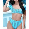 Sky blue short sleeve high waisted bikini sexy orange snakeskin bikini
