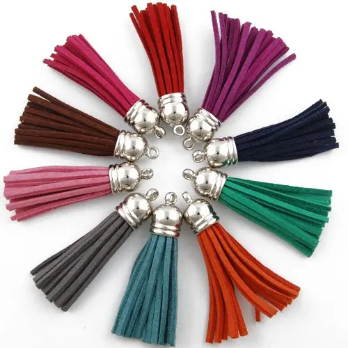 50PCS 5.5CM Mixed Colors Tassel Fiber Tassel Fringe Tassel with 12MM Silver Plated Caps Charms