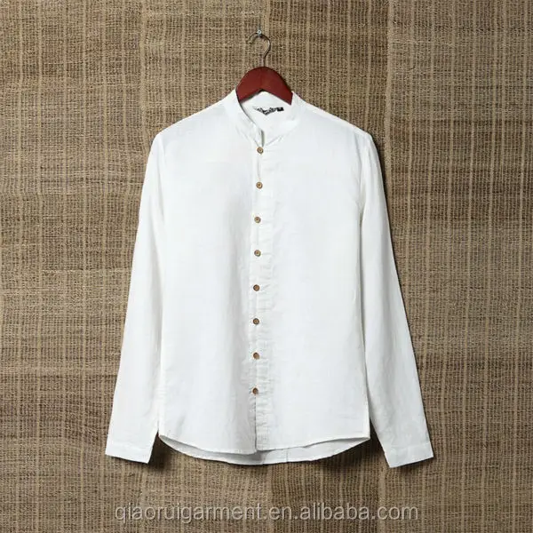Men's Summer Long Sleeve Chinese Collar White Linen Shirts With Wooden ...