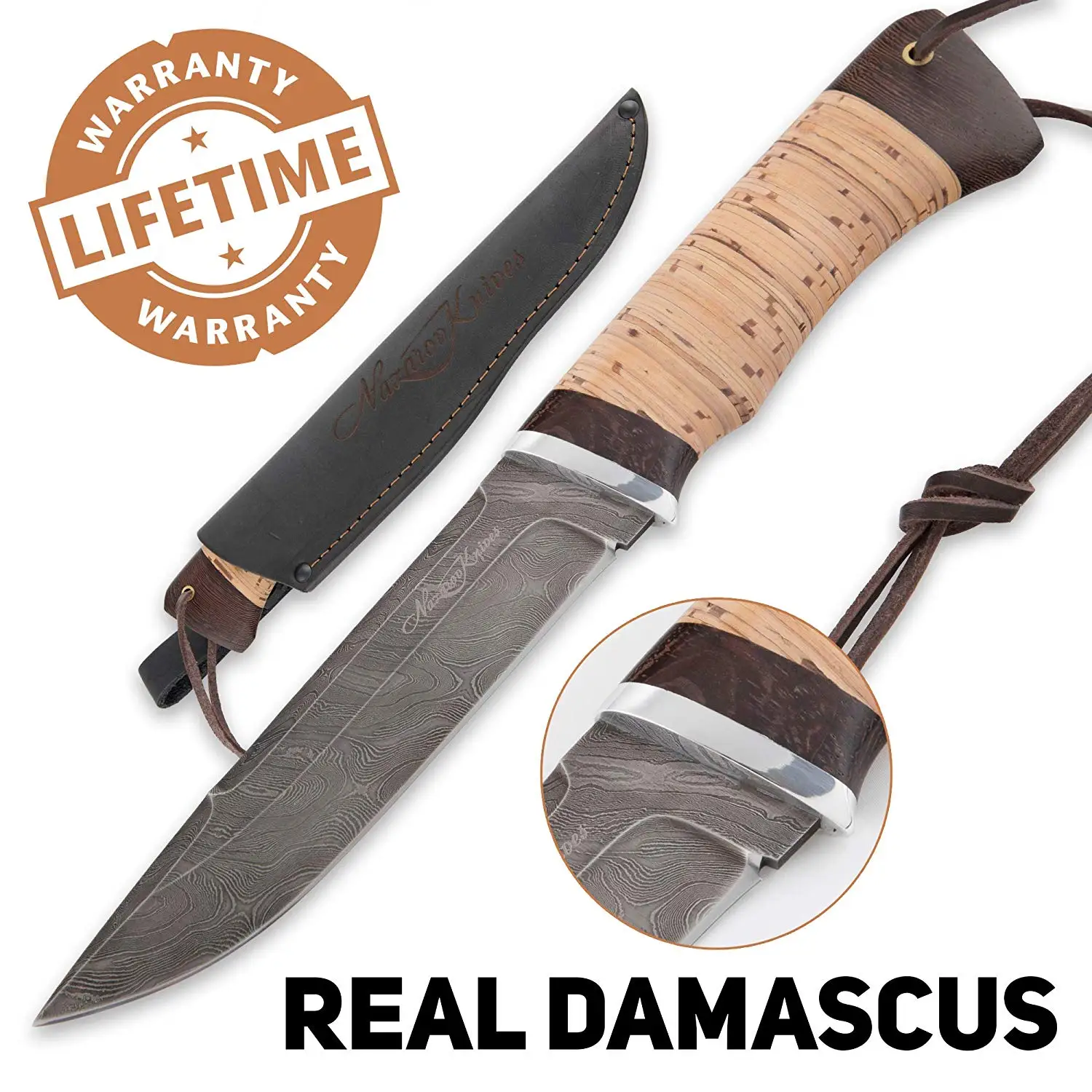 Nazarov Knives Fixed Blade Hunting Knife – Survival Knife – Real Damascus Steel – Birch Bark Handle – VEPR – Leather Sheath