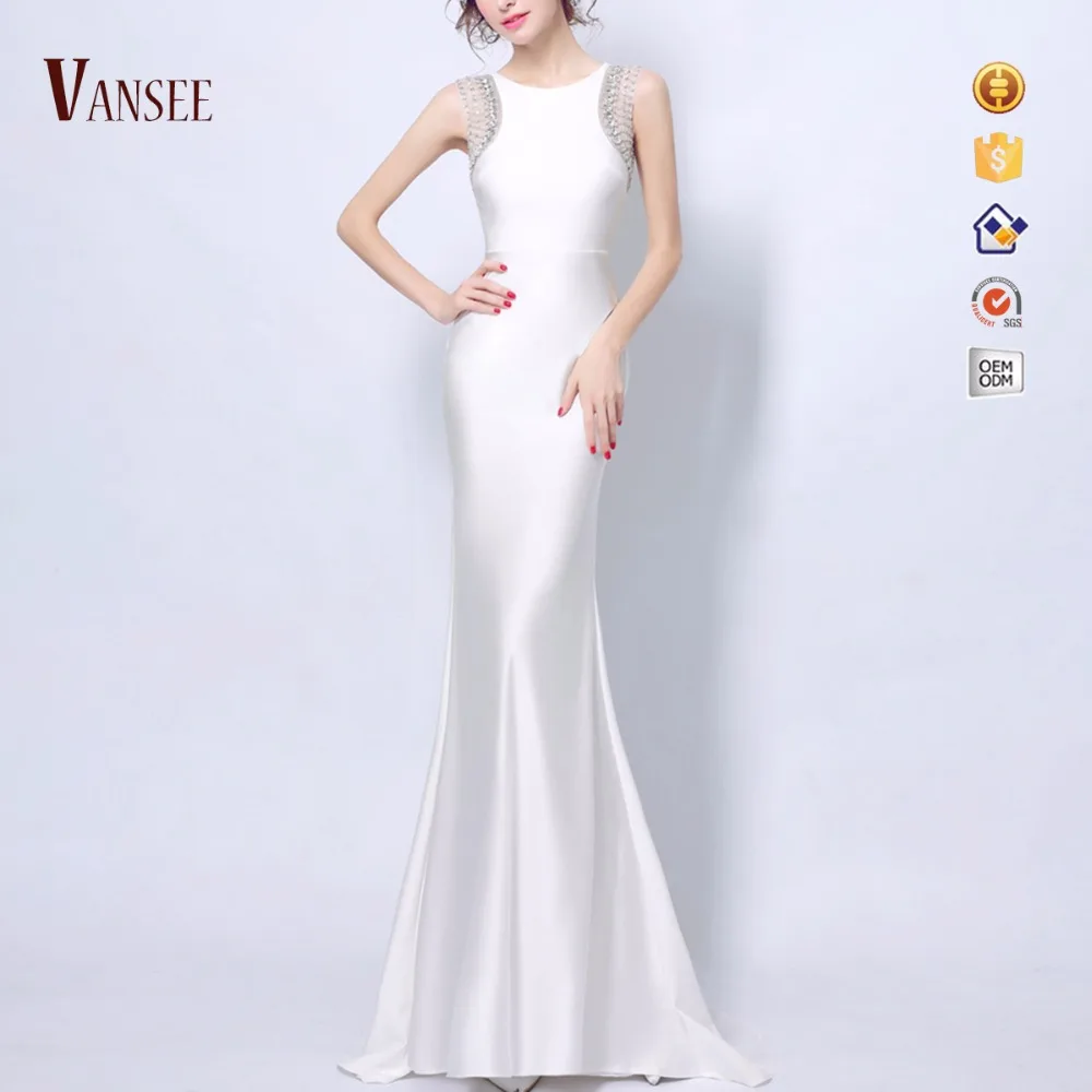 Summer Sleeveless Silky Dress Slim Tight White Elegant Long Tail 