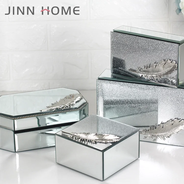 Personalised Silver Mirror Glass Jewellery Box With Metal Feather