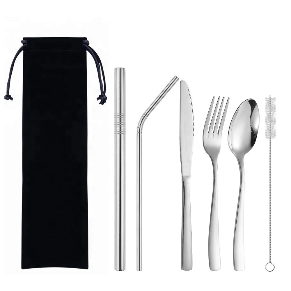 
Friendly and portable Stainless steel cutlery stainless steel knife fork spoon straw travel cutlery 