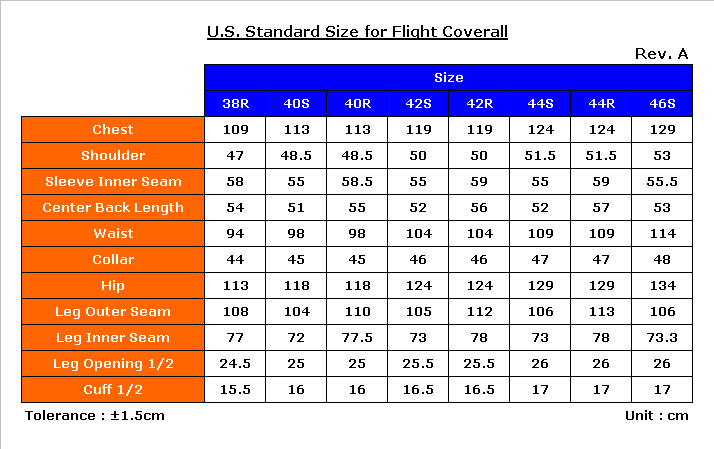Coveralls Size Chart
