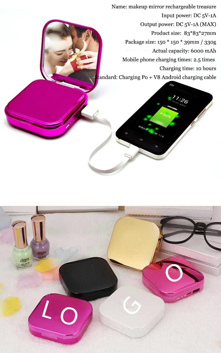 Makeup Compact Beauty Mirror Power Bank Usb Charger Portable Pocket