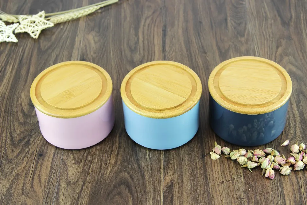Natural Wood / Bamboo Lid Vintage Color Jar Food Ceramic Spice Storage