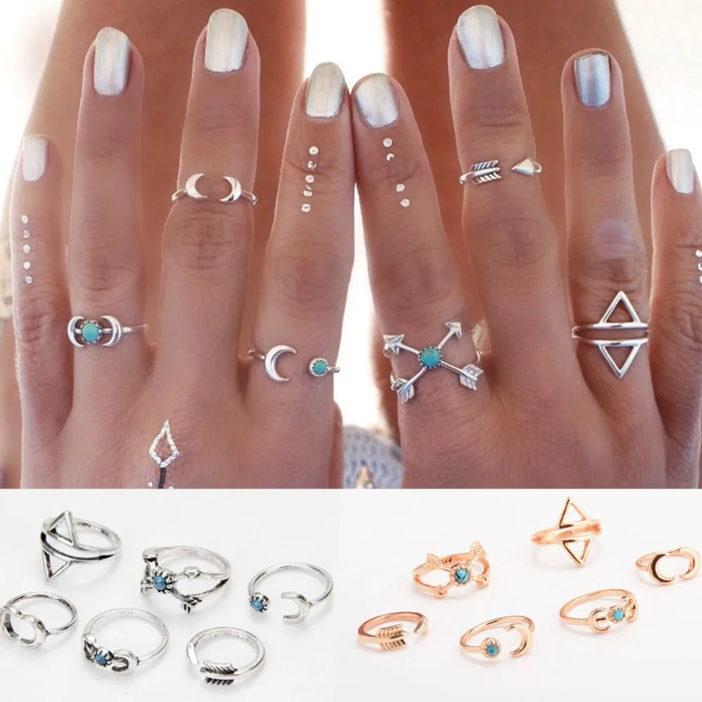 Conjunto de 6 Anillos De Plata//Turquesa