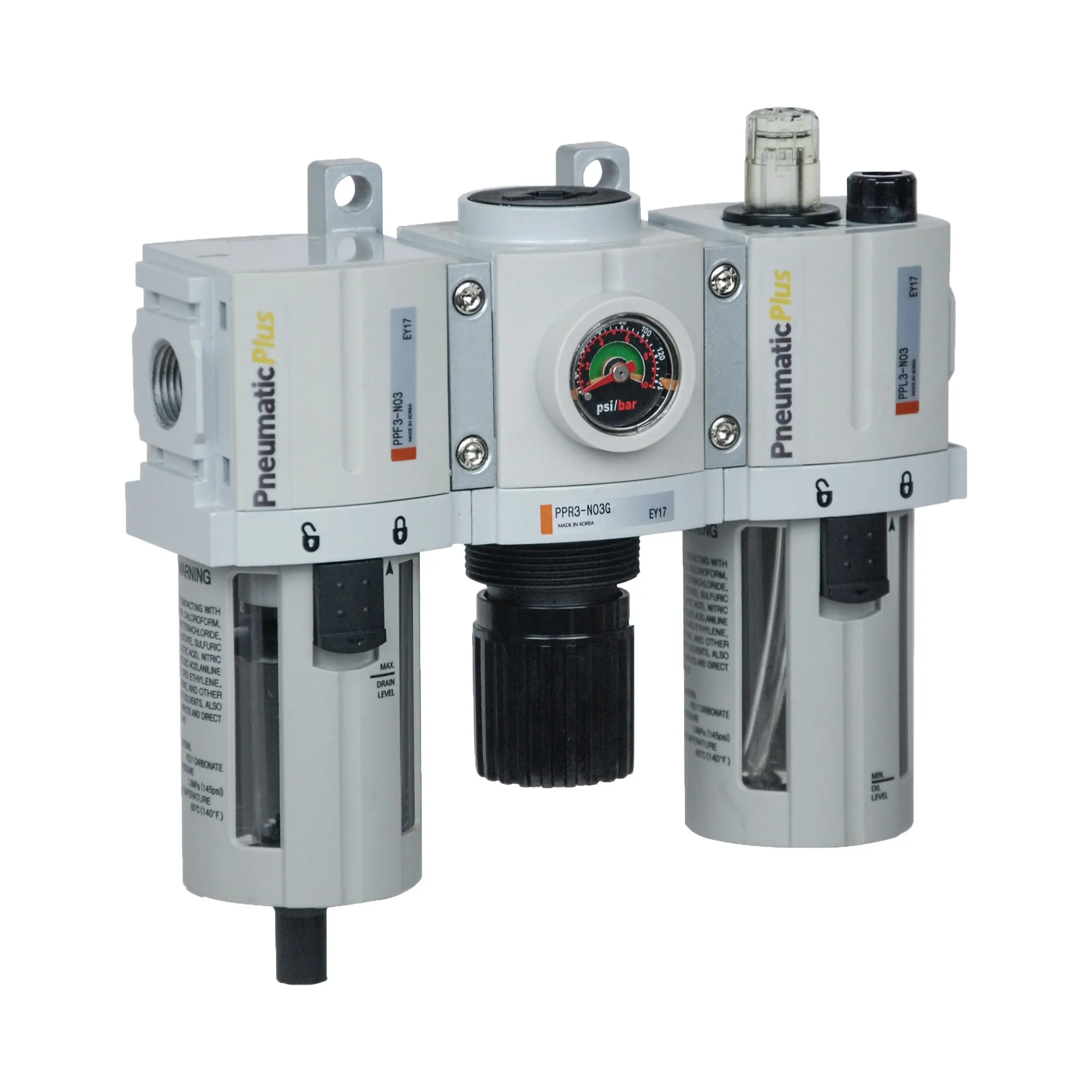 Manual Drain Poly Bowl Air Preparation Unit 1//2 NPT PneumaticPlus SAU4000M-N04G Three-Unit Combo Compressed Air Filter Regulator Lubricator FRL 10 Micron with Gauge Air Preparation Unit 1//2 NPT Manual Drain