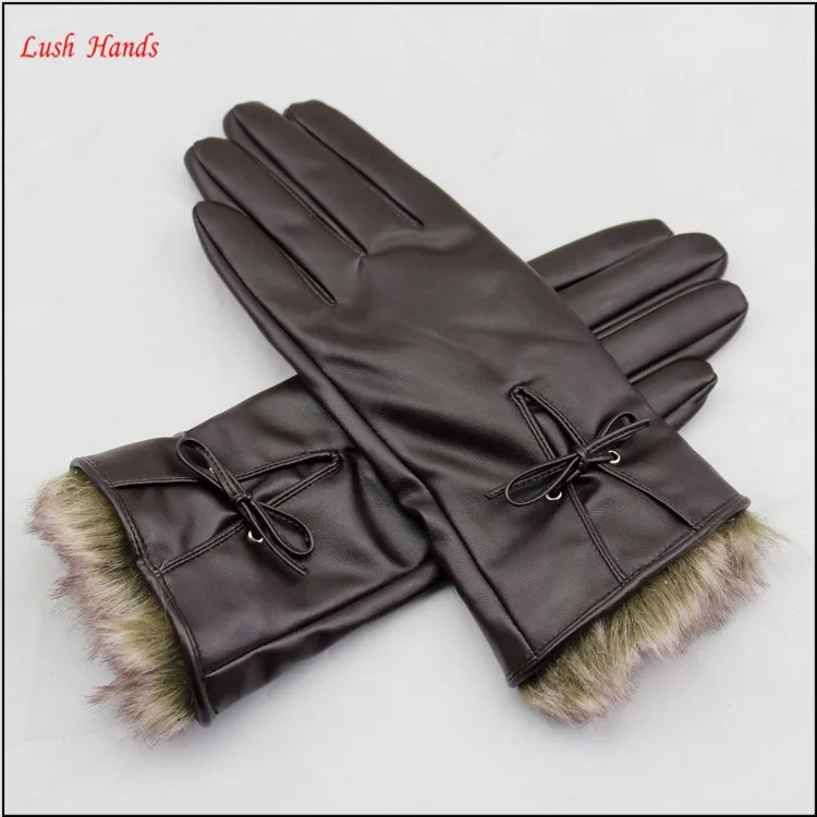 Women's PU Leather Gloves with Fur Cuffs