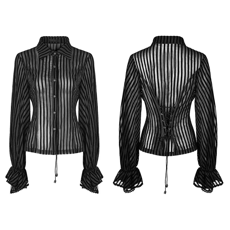 WY-823 Leisure black and white vertical stripes ladies transparent blouse