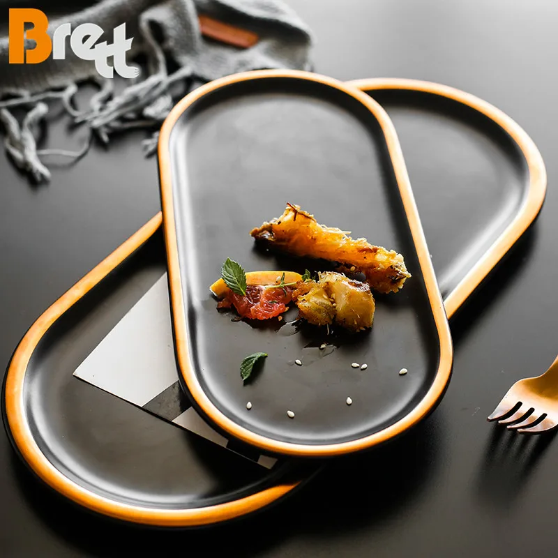 European style dinnerware ceramic black rectangle dinner plate restaurant plate with gold rim