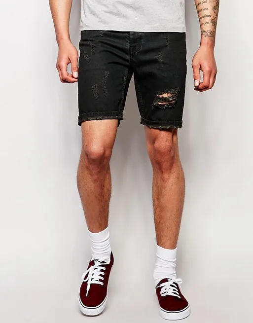 mens black distressed jean shorts